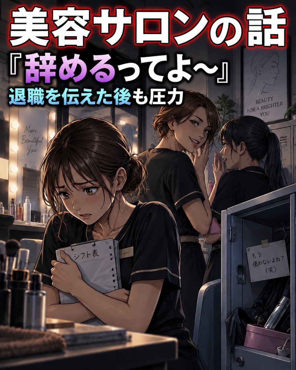 TaisyokudaikouG's tweet photo. ⚡美容サロンの話⚡
「辞めることは誰にも言わない方がいい」

そう言われたのに、
店長は別のスタッフへ

「辞めるってよ〜」

と話していたそうです。

店長からは以前から、
高圧的な態度や言葉。

シフトや名札を隠される。
隣で圧をかけるように不満を言われる。
睨みつけられる。

退職を伝えた後は、

「言うのが遅すぎる」
「みんなに迷惑がかかる」

などと精神的に追い込まれていったとのこと。

さらに、
同僚から中指を立てられる。
勝手にカバンの中を探られる。
ロッカーを自分の私物入れのように使われる。
公休の交代も勝手に変えられる。

退職の意思を伝えた後、
出勤すること自体が怖くなったそうです。

これでは、
退職日まで出勤を続けるのが難しくなるのも無理はありませ���。