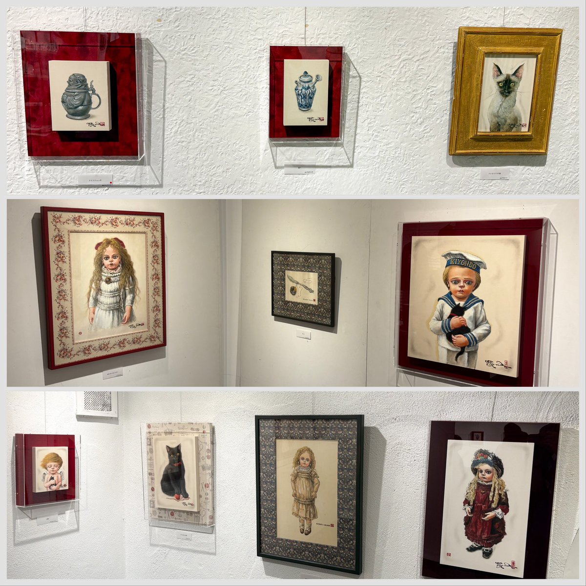 hitokazu's tweet photo. 銀座奥野ビル601号室Galerie Lã（ギャルリー・ラー）の小澤清人さんの個展を観てきた。生命力を感じさせる絵具の力強い塗りで西洋人形、植物、ねこの姿が描かれています。今回、素敵なねこちゃんの作品が展示されていて見応えあります☺️

9月17日（木）〜23日（水祝）11:00〜19:00（最終日16:00まで） https://t.co/A7V034SGdJ