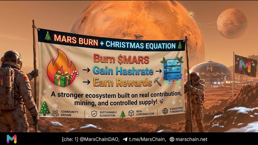 mihon0022's tweet photo. MARS BURN + CHRISTMAS EQUATION 🎄

Burn $MARS → Gain #Hashrate → Earn Rewards ⛏️

 A stronger ecosystem built on real contribution, mining, and controlled supply! 🚀
 
🌐 https://t.co/qTf22yx7Hz
💬 https://t.co/Sn8jUMetmB   #MarsChain #MARS #MarsBurn #Web3 #Crypto https://t.co/UWg7NYLvDu