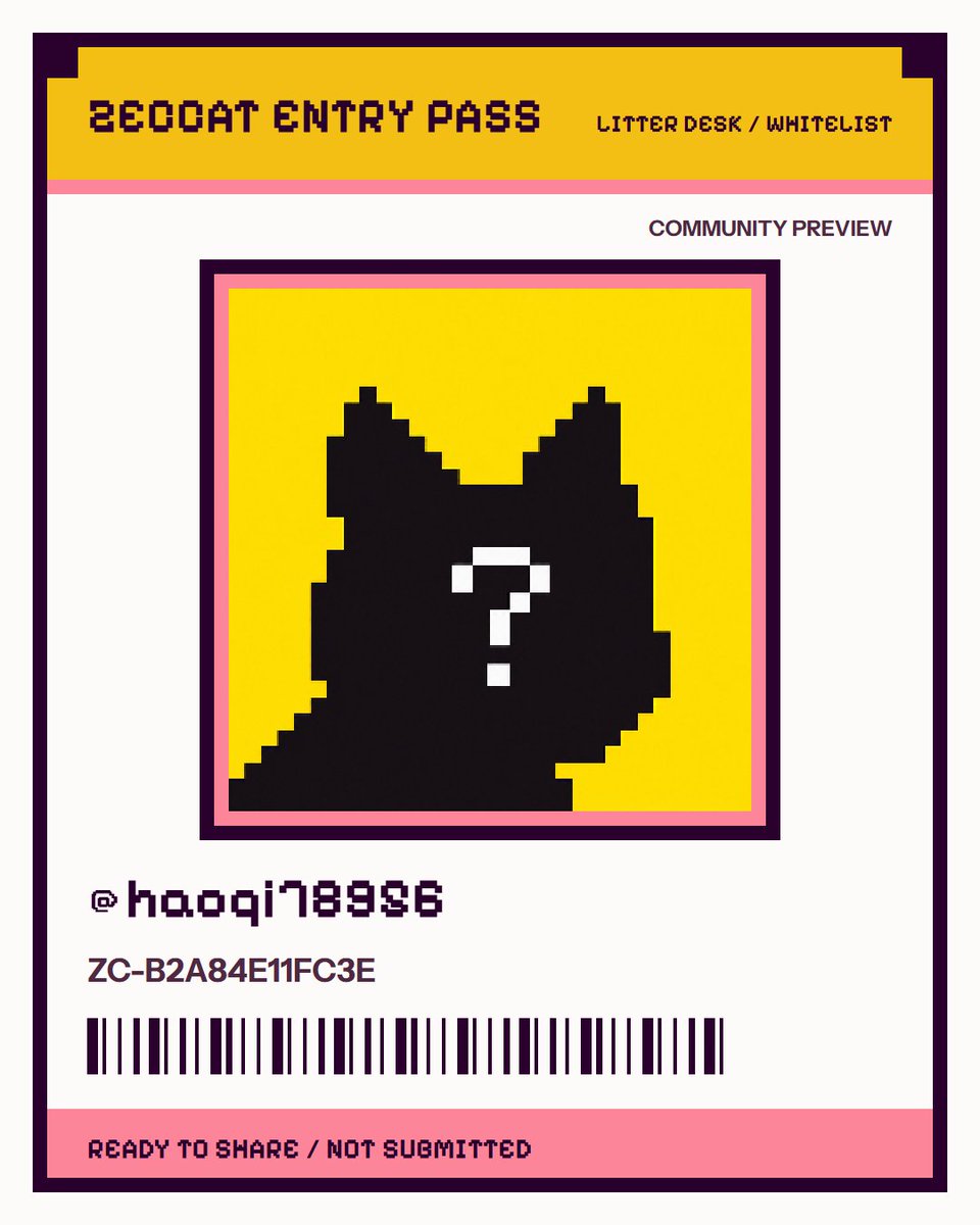 haoqi78956's tweet photo. I'm applying for the @zeccatnft whitelist. My Zeccat Entry Pass is ZC-B2A84E11FC3E. Community preview only. https://t.co/4f2lmWMguv
