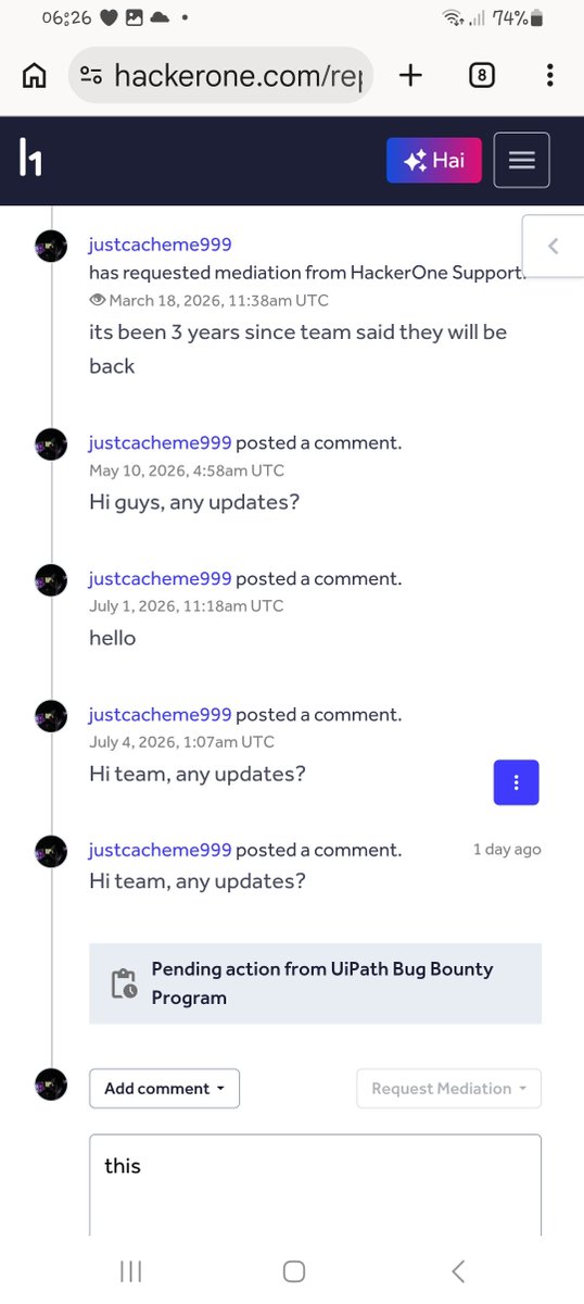justcacheme999's tweet photo. Bro imagine it's been 3 years and my report us still  open 😒 @UiPath @Hacker0x01
#bugbounty #bugbountytips https://t.co/F9EqlsXJtq