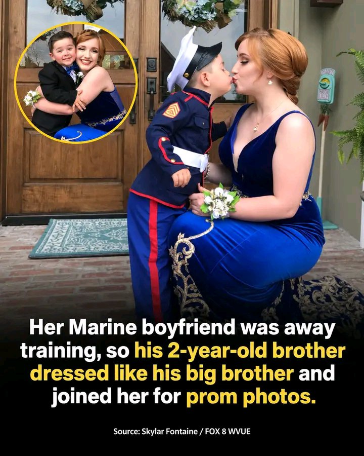 d_maniax's tweet photo. Her prom date couldn't be there, but his little brother made sure he was still part of the memory.

In 2018, New Orleans high school senior Skylar Fontaine was preparing for prom while her boyfriend, 19-year-old Marine Gage Moak, was away on the East Coast training for his Military Occupation Specialty.

Skylar still wanted to include Gage somehow, so she asked his 2-year-old brother, Clay, to join her for prom pictures.

Clay dressed in a tiny Marine-style uniform like his big brother's and posed with Skylar in her prom dress. She said the idea was meant as a sweet gesture for Gage, who was very close to his family.

The pictures spread quickly online.

One important detail: Clay did not actually attend the prom. Skylar later explained that they only took the photos together before she headed out with friends.

It was a small way of making someone who was far away feel included in a milestone he had to miss.

Sources: FOX 8/WVUE; WTXL; Skylar Fontaine's original social post.

What's the sweetest way you've seen someone include an absent loved one in an important moment?