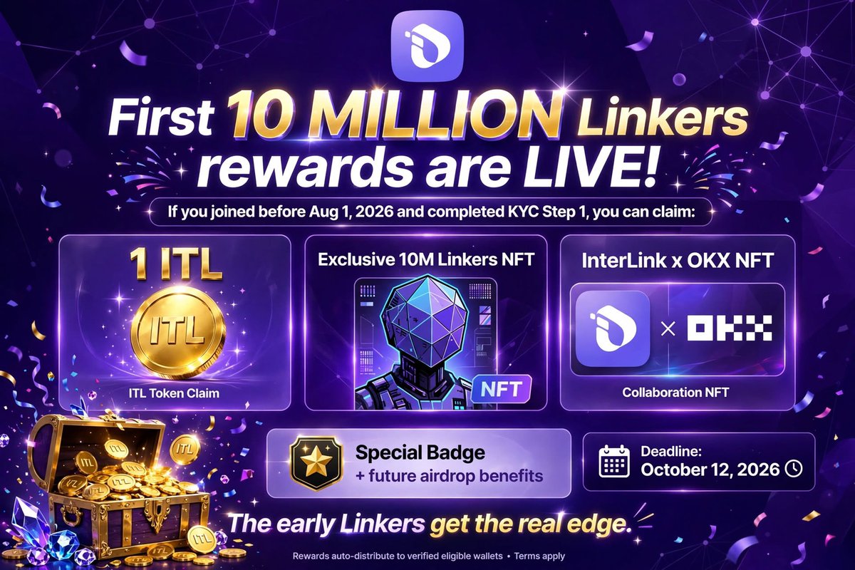 Muideenseriki1's tweet photo. First 10 Million Linkers rewards are LIVE!
If you joined before Aug 1, 2026 and completed KYC Step 1, you can claim:
💎 1 ITL
🪪 Exclusive 10M Linkers NFT
🤝 InterLink x OKX NFT
🎁 Special badge + future airdrop benefits
Deadline: October 12, 2026 (23:59 UTC)
Claim now before it’s gone!
The early Linkers get the real edge.
#InterLink #ITLG #ITL