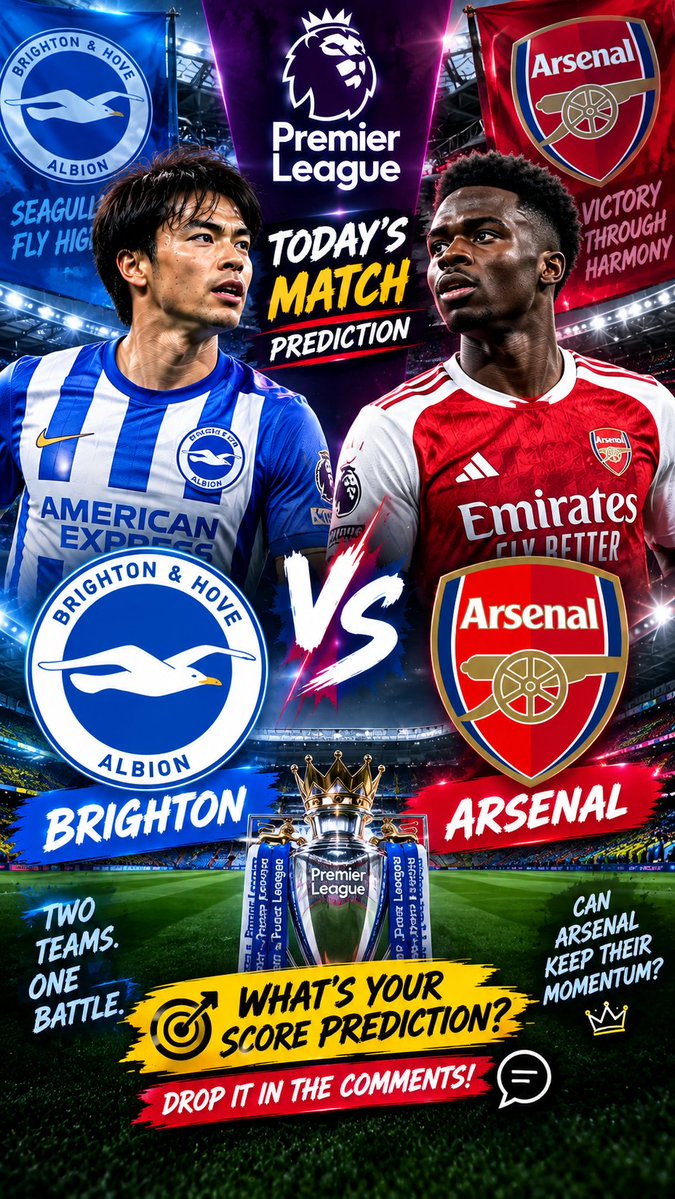 MOMENTMAN99's tweet photo. Brighton Vs Arsenal. Who takes the win today? Drop your exact score prediction before kick-off.
We will select 5 people.
Follow @MOMENTMAN99 ✅
I will select 5 first people
#PremierLeague #Football #predictionsforsuccess https://t.co/Oos2IDfO1Z