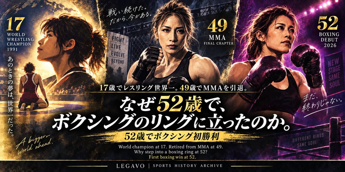 legavo_archive's tweet photo. 【引退後にデビュー戦?】
17歳でレスリング世界一
��9歳でMMAを引退
52歳でボクシング初勝利
山本美憂の35年間を、3冊の現物から読み解きました。
【無料note第3弾公開】
歴史は最後のページで終わらない。
▼記事はこちら
https://t.co/wr9AuhEUi1
#LEGAVO #山本美憂 #RIZIN #ボクシング https://t.co/Q8N6Nz8wu1