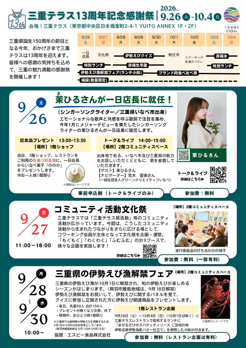 mie_terrace's tweet photo. 🎉三重テラス13周年記念感謝祭　追加情報のお知らせ🎉

皆様への感謝の気持ちを込めて、9月26日(土)～10月4日(日)の期間中、三重の魅力満載の感謝祭を開催✨

第2弾お知らせとして「コミュニティ活動文化祭」の詳細、および「三重県の伊勢えび漁解禁フェア」をお伝えします！ https://t.co/pF2mKgTXCh