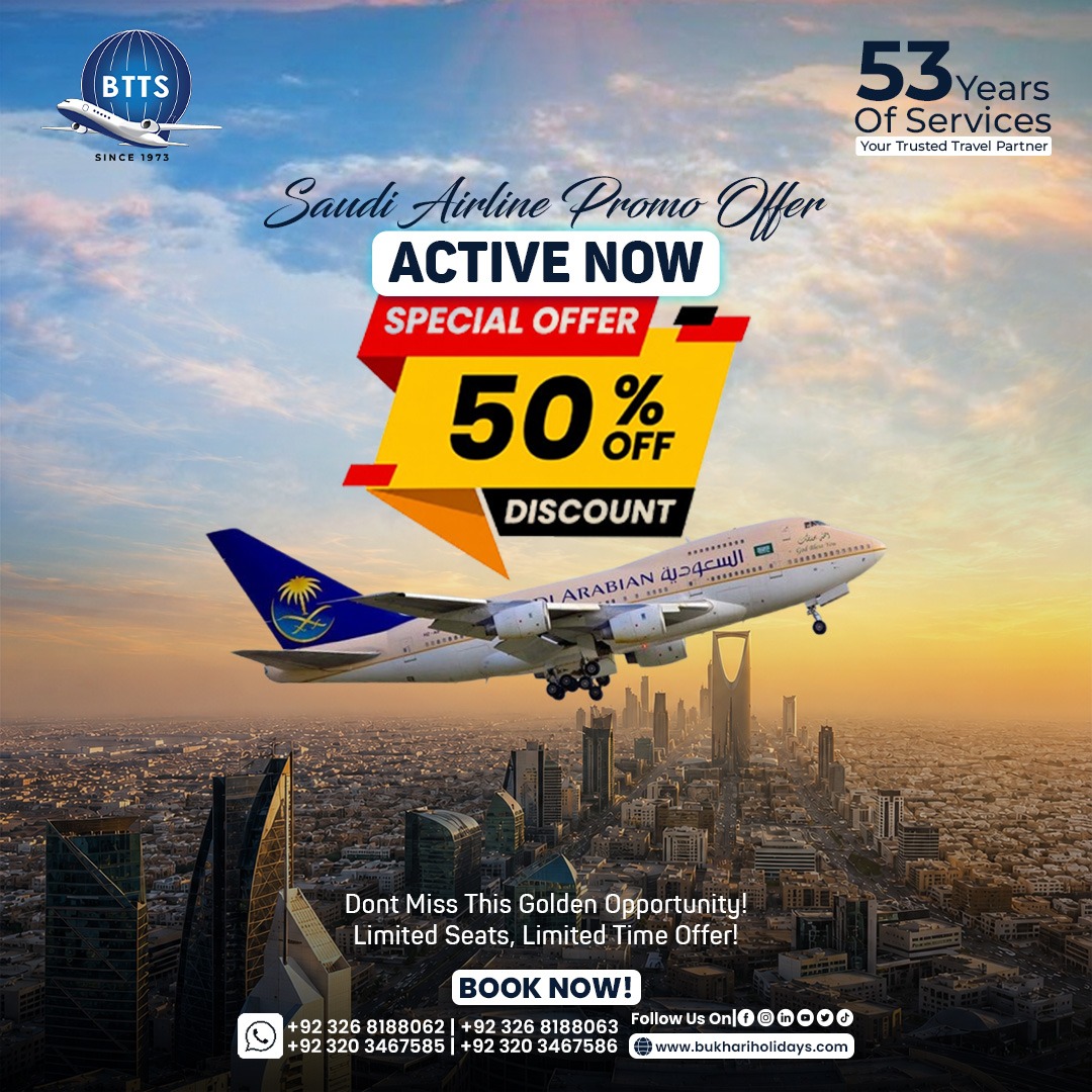 JarrettGruge7's tweet photo. ✈️ Saudi Airline Promo Offer — 50% OFF! 🇸🇦🔥
Your chance to fly to Saudi Arabia at an incredible discount! Enjoy 50% OFF on Saudi Airlines with this limited-time promotional offer. ⏳ Limited seats | Limited time — don’t miss this golden https://t.co/3d0G4dQwU3