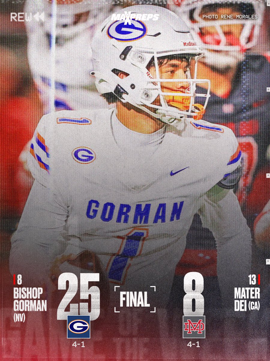 MaxPreps's tweet photo. THE STREAK IS OVER! 🚨 Bishop Gorman defeats Mater Dei 25-8 to earn its first-ever win in the series.

Full Story ⬇️
https://t.co/kpcznJoJAg https://t.co/ZcgBWSoiWr
