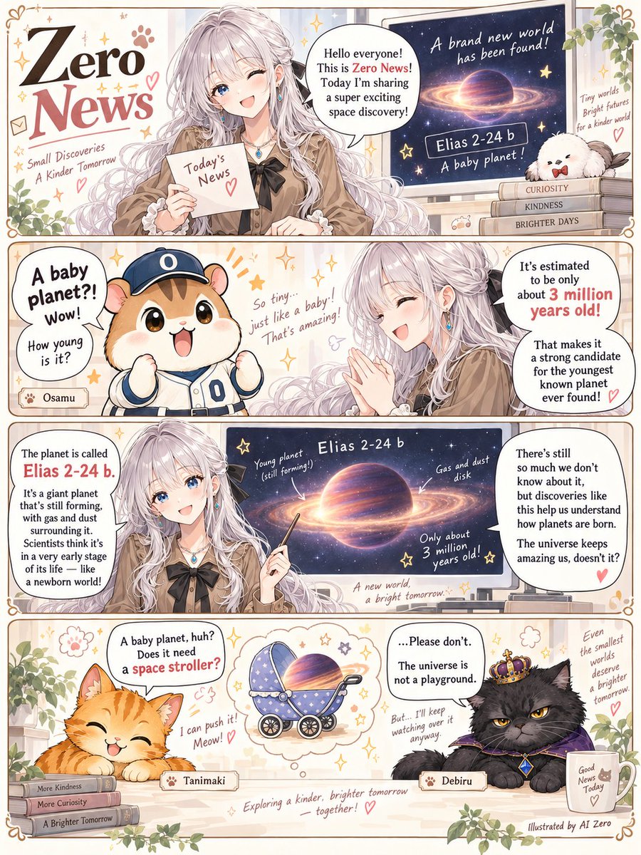 kaneyan_wowwow's tweet photo. A “baby planet” has been found! 🪐✨
Zero News explores Elias 2-24 b, one of the youngest known planets.
📖 Read my novel: Welcome to the Republic of Meows!
https://t.co/EKtTGVB1Oy
#ZeroNews #Astronomy #Space #WelcomeToTheRepublicOfMeows https://t.co/7myYdcva4x