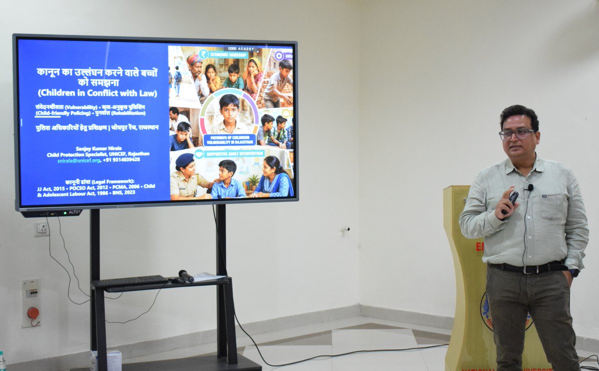 nlujofficial's tweet photo. National Law University, Jodhpur, through its Legal Aid and Awareness Committee (LAAC), organised a capacity-building workshop on “Strengthening Child-Sensitive Policing: A Capacity-Building Workshop on the Protection of Children in Conflict with Law” on 18 September 2026, under Project CARE – Child Advocacy through Rights Empowerment.