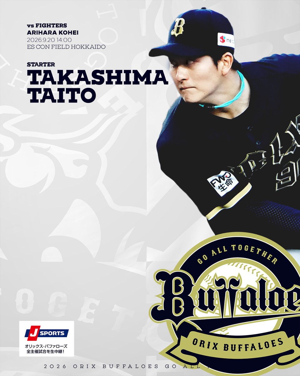 Orix_Buffaloes's tweet photo. 9月20日（日）vs. 北海道日本ハム戦の予告先発投手をお知らせします。
https://t.co/q6Xc149PPm
[F] 有原 航平 [B] 高島 泰都
＠エスコンフィールドHOKKAIDO 14:00～

#Bs2026 https://t.co/EFsAIPax7u