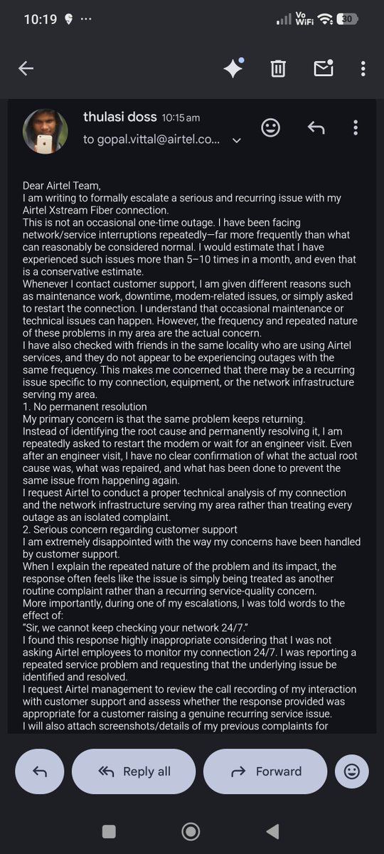 thulasidoss1202's tweet photo. Formal Escalation – Repeated Airtel Xstream Fiber Outages, Poor Customer Support &amp; Lack of Permanent Resolution

@airtelnews @airtelindia @Airtel_Presence https://t.co/pUtW27gyQ4