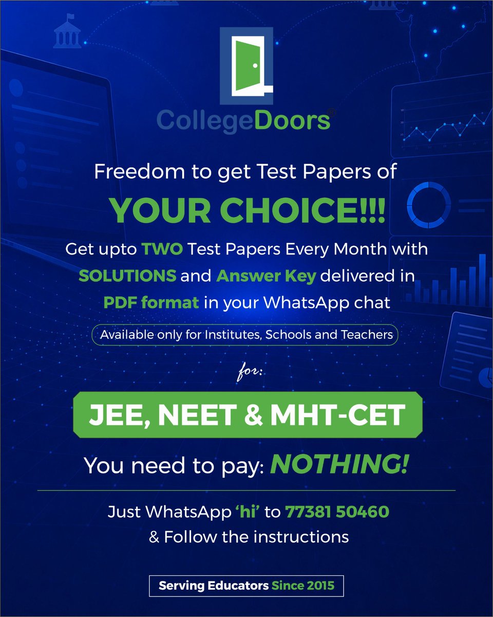 CollegeDoors's tweet photo. @CollegeDoors: dedicated to serve educators. Educators who can't afford to pay, they can make TWO PAPERS of their choice, EVERY MONTH, totally FREE of cost.
#jeemains #MHTCET #MHTCETCoaching #NEET #neetcoaching #neetcoachingcenter #NEETCoachingClasses #JEECoaching https://t.co/6lnxBM08ch