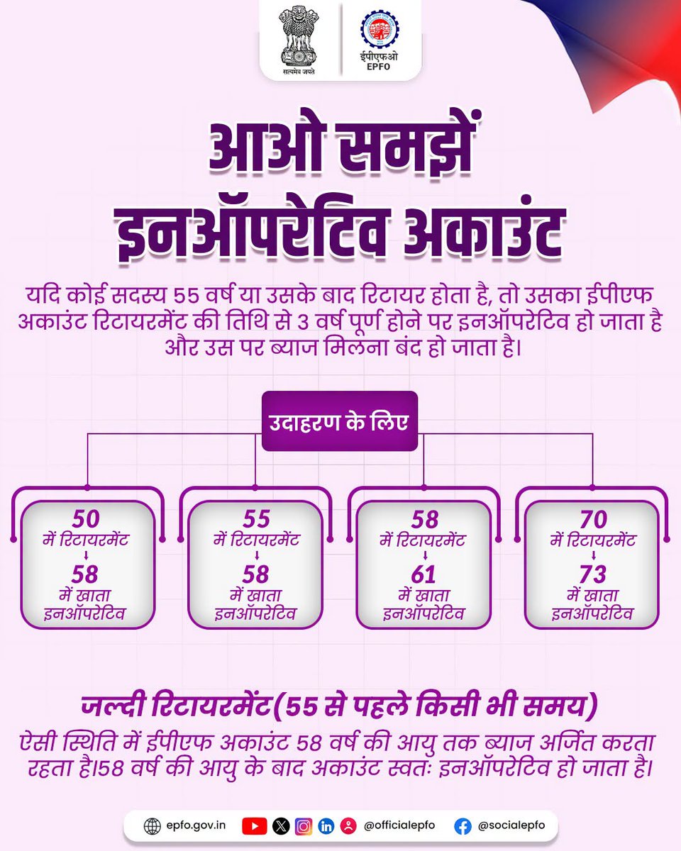 officialepfo's tweet photo. Let’s decode Inoperative EPF Accounts
Know when your EPF stops earning interest and plan your withdrawals wisely. 

#EPFO #EPFOWithYou #HumHainNa #InoperativeEPFAccount https://t.co/sQIchqtIbc