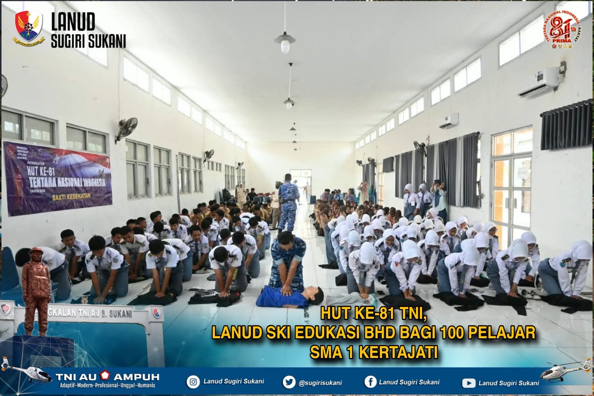 sugirisukani's tweet photo. HUT ke-81 TNI, Lanud SKI Edukasi BHD bagi 100 Pelajar SMA I Kertajati https://t.co/lBkfEKZmwz