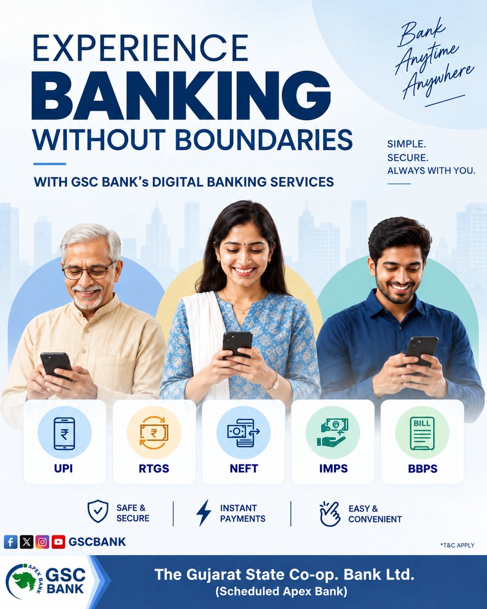 GSCBank's tweet photo. EXPERIENCE BANKING WITHOUT BOUNDARIES WITH GSC BANK's DIGITAL BANKING SERVICES.
ANYWHERE 24 X 7 ANYTIME
#bank #GSCB #DigitalPaymentAwareness #IndiaPaysDigitally #HarPaymentDigital #ZeroCharges #free #digitalpayment #DigitalBanking #Securebanking #FollowUs #digitalservices https://t.co/ix20K145qa
