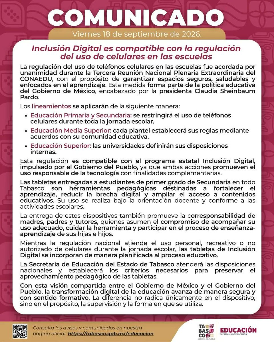 laverdadmx's tweet photo. Tabasco aclara que sus tabletas escolares no caen bajo la restricción nacional de celulares
Tabasco aclara: las tabletas de Inclusión Digital no caen bajo la restricción de celulares en escuelas aprobada por el #CONAEDU, porque su uso es pedagógico y supervisado por docentes.
https://t.co/8QZFcerJJT
