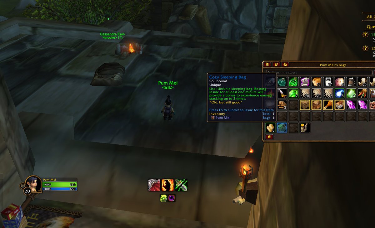 ItsPummel's tweet photo. WOW FOREVER SPOILER:

Fan-favorite Cozy Sleeping Bag from Season of Discovery makes a reappearance in WoW Forever! Same quest line to boot! https://t.co/VrrfTj6HKb