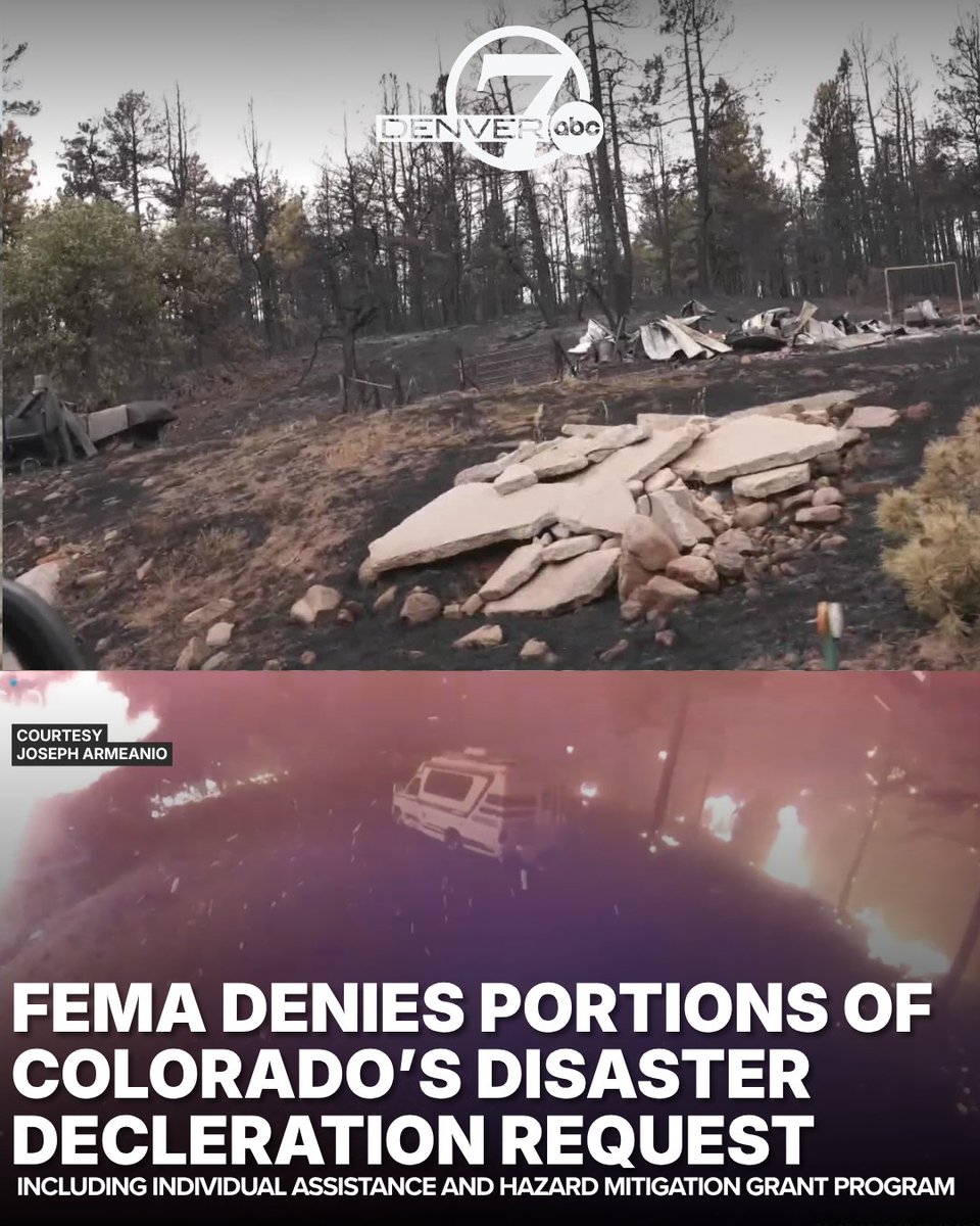 DenverChannel's tweet photo. FEMA has denied portions of Colorado's disaster declaration request related to the Aspen Acres and Gold Mountain Fires.

This included individual assistance for victims to recover and the hazard mitigation program. The Governor's office says the state has 30 days to appeal the decision.

More here: https://t.co/tMtN9BjWnI