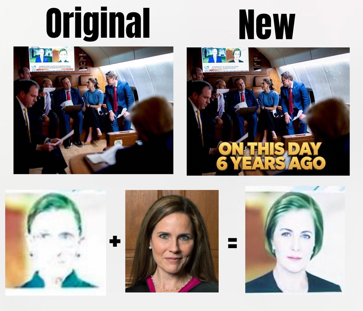 BradCGZ's tweet photo. Dan just posted a picture from the night of Ruth Bader Ginsburg's passing (TV in the background). 

The only thing different is the picture of RGB. 

RGB was replaced by Amy Coney Barrett.

Q post 4759 shares this picture with the caption "Never forget those in the background."

So I think Dan is calling attention to the background. Which, as noted above has changed. 

I believe this updated picture is a mashup of RGB and ACB. Signifying that Amy Coney Barrett is the new Ruth Bader Ginsburg of the Supreme Court. 

ACB joined the liberals to strike down Trump’s IEEPA tariffs, to keep birthright citizenship, to keep late-arriving mail-in ballots, and just refused to dissent on the order blocking the USPS mail-ballot rule.

She has proven herself a traitor.