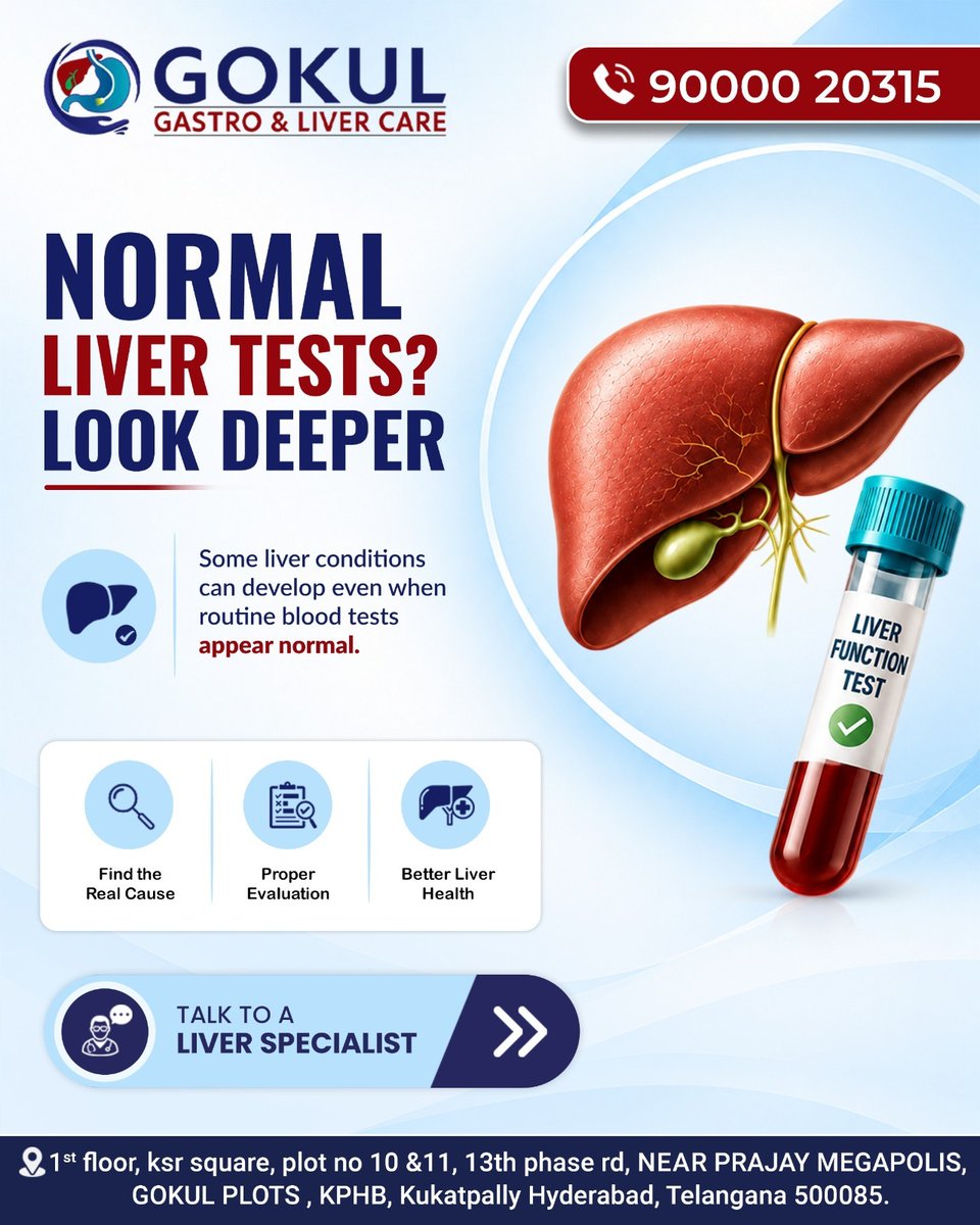 GokulGastro's tweet photo. Normal liver test? Look deeper!

Some liver conditions can develop even when routine blood tests appear normal. Get a proper evaluation with a liver specialist to find the real cause &amp; protect your liver health. 

🏥 Gokul Gastro &amp; Liver Care

📞  90000 20315

 #LiverHealth #KPHB https://t.co/eAeMWiopp4
