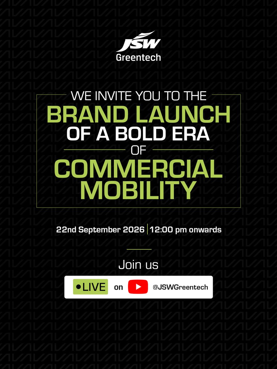 JSWGreentechLtd's tweet photo. India’s commercial mobility landscape is ready for a new chapter.

Join us on 22nd September at 12 PM as JSW Greentech unveils what’s next in commercial mobility.

Stay tuned for the live reveal. Link in the comments below.

#JSWGreentech #MobilityInnovation #FutureReady https://t.co/T4av0t1i0f
