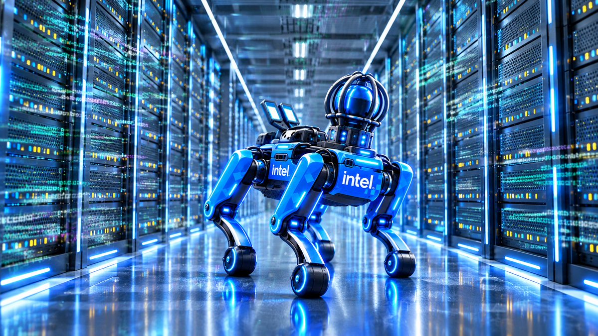 IntelRobotDog's tweet photo. Chip is an autonomous, AI-powered inspection robot dog used by Intel Foundry to patrol and monitor semiconductor manufacturing facilities. Chip is the real blue chip☑️ https://t.co/OM4lYGQpTY