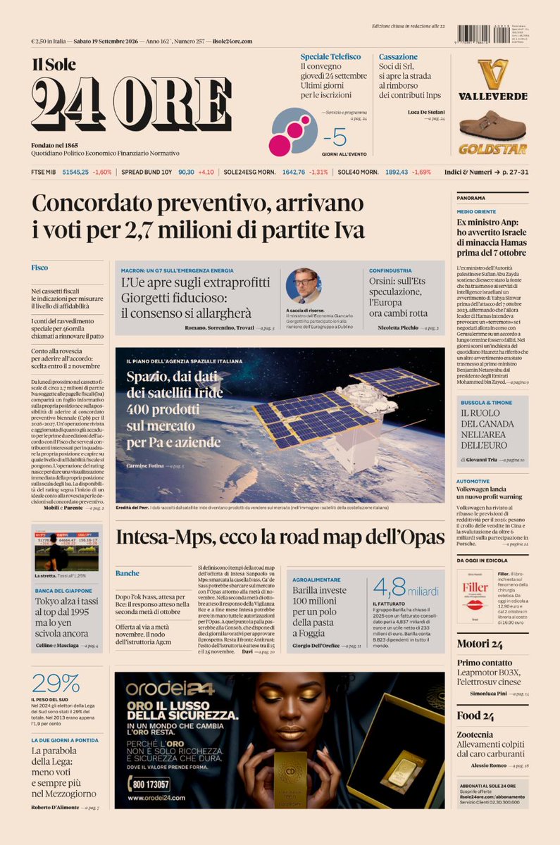 sole24ore's tweet photo. Sulla prima pagina del #Sole24Ore di oggi, sabato #19settembre: #Concordatopreventivo, arrivano i voti per 2,7 milioni di #partiteIva. L’#Ue apre sugli extraprofitti, #Giorgetti fiducioso: il consenso si allargherà. #Intesa-#Mps, ecco la road map dell’Opas #buonalettura #primapagina