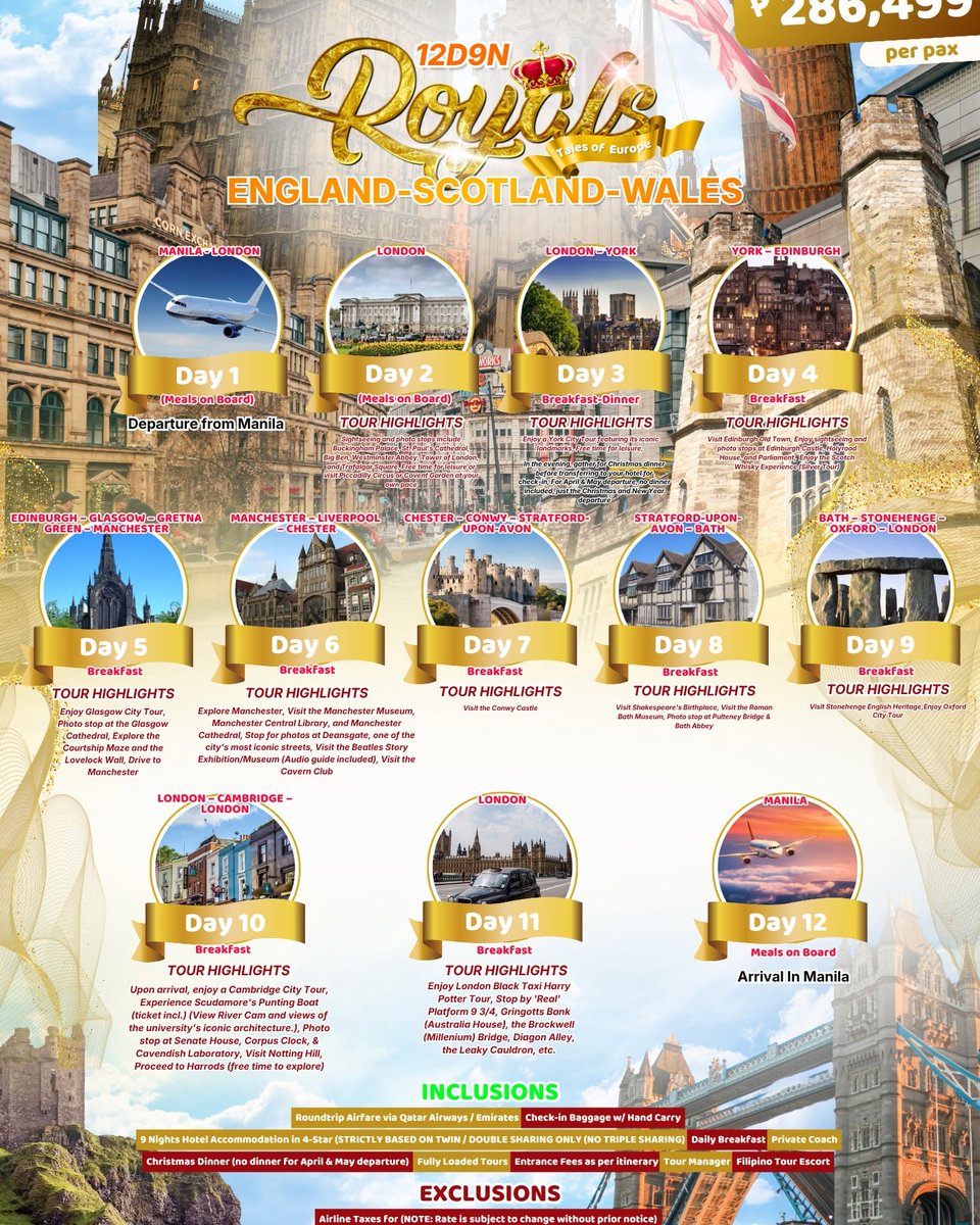 oliviawalkera46's tweet photo. Royal Tales of Europe — England, Scotland and Wales

Enjoy an unforgettable 12-day, 9-night journey through the United Kingdom for as low as ₱286, 499 per person. Travel dates
April 15–26, 2027 — Qatar Airways
May 25–June 4, 2027 — Emirates https://t.co/QZc9u3bNJ9