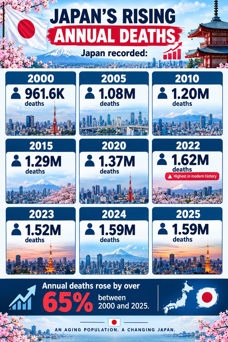 WorldScopeData's tweet photo. @stats_feed 📊 JAPAN’S RISING ANNUAL DEATHS 🇯🇵📉:

Japan recorded:
2000: 961.6K
2005: 1.08M
2010: 1.20M
2015: 1.29M
2020: 1.37M
2022: 1.62M 🔺
2023: 1.52M
2024: 1.59M
2025: 1.59M

Annual deaths rose by over 65% between 2000 and 2025.

Japan’s aging population is reshaping its future. 🇯🇵 https://t.co/yALSjUgiBB