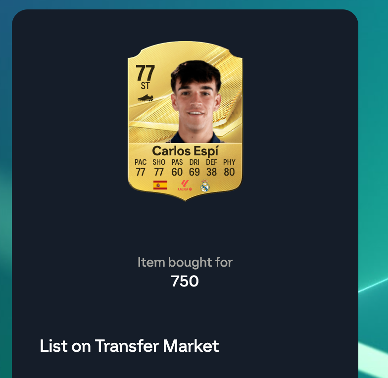 FutSnipeBot's tweet photo. Carlos Espí 77 OVR

💰 Bought: 750 coins
📈 BIN: ~1,400 coins
✅ Sniped with Elite FUT Bot
Small flips add up fast 👀

#FC27 #EAFC27 #FUT27 #FC27Trading #FUTTrading #SnipingBot https://t.co/98VVcVjh2e