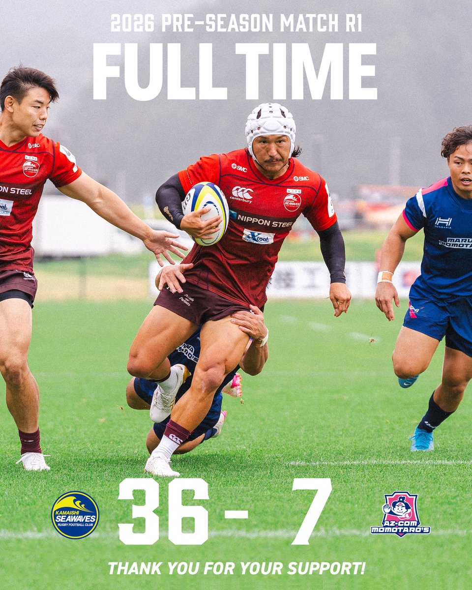 KamaishiSW's tweet photo. 🌊 FULL TIME 🌊

釜石SW 36 - 7 M成田
（前半 19 - 0）

2026-27シーズン初戦
本日も熱い応援、
力強い釜石コールをありがとうございました！

次戦は来週26日(土)、
ジャパンラグビー リーグワン ライジング 2026 第1戦
日野自動車総合グラウンドでの
日野レッドドルフィンズ戦です🌊

#日本製鉄釜石シーウェイブス