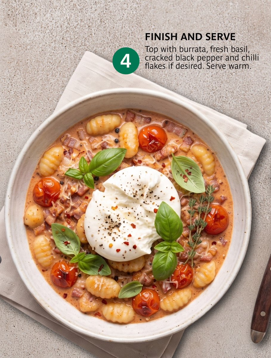 audreyrivera1tl's tweet photo. Crispy bacon, burrata and cherry tomato gnocchi. Pillowy gnocchi in a creamy tomato sauce, topped with golden streaky bacon, fresh basil and whole burrata. Comfort food at its finest, ready in 25 minutes. https://t.co/sIuTOtkyLt