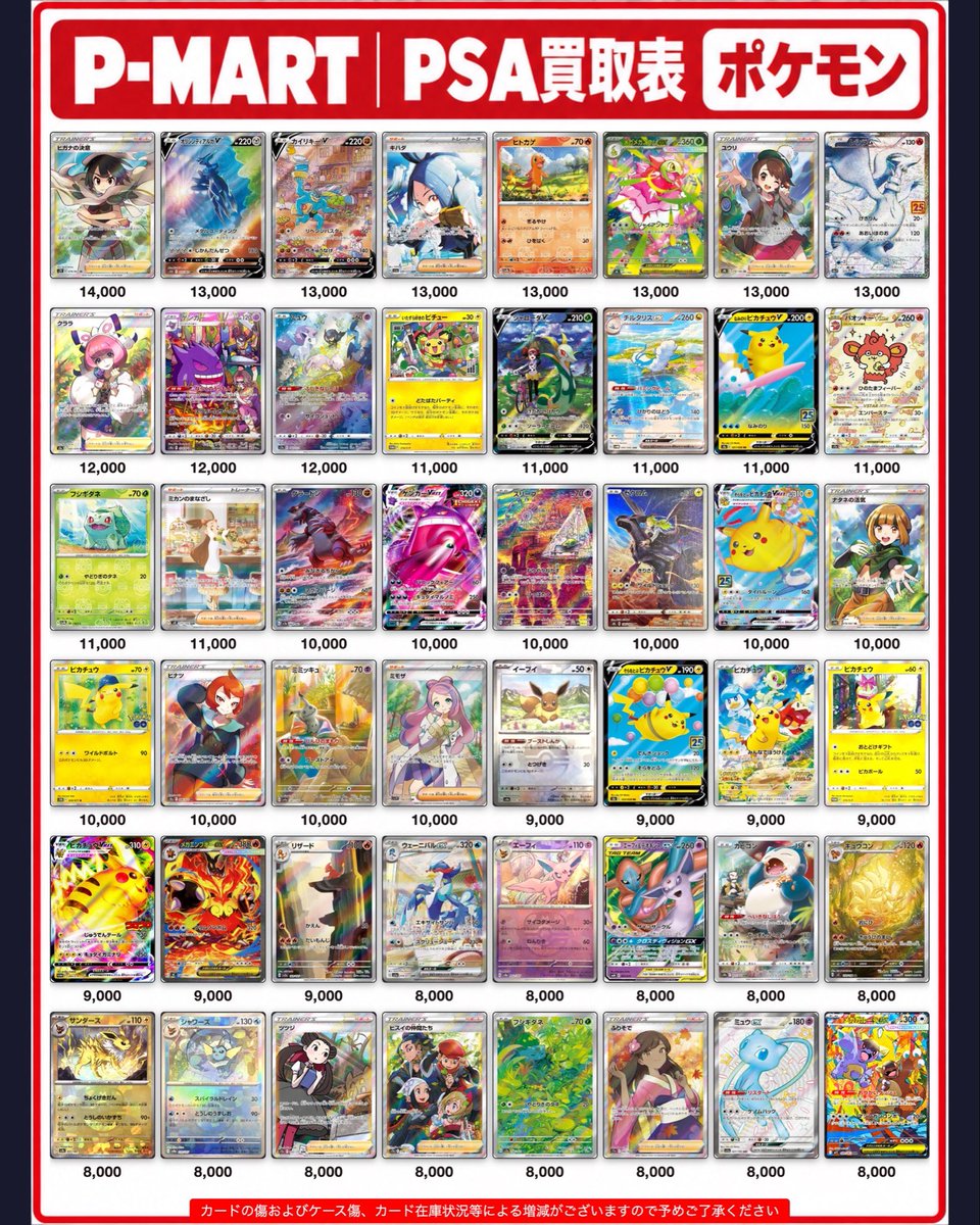 PMART_Kyoto's tweet photo. 【P-MART 京都店　買取表】

本日のポケカPSA10買取表になります🔥

こちらの買取表は当日のみ適応となります。
また、必要数集まった場合予告なく買取を締め切る場合がございますのでご了承ください。
 
⚠️買取表記載のカードのみの買取となります。

#ポケモンカード
#PSA 
#ポケカ
#トレカショップ https://t.co/BBSECXgMBt