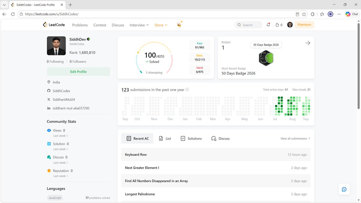 SiddhantMul24's tweet photo. 100 LeetCode questions completed.
Also earned the 50 Days Badge.

Two small milestones, but a good reminder that consistent effort adds up.

#LeetCode #DSA #Coding #ProblemSolving https://t.co/QJU0AN8K6W