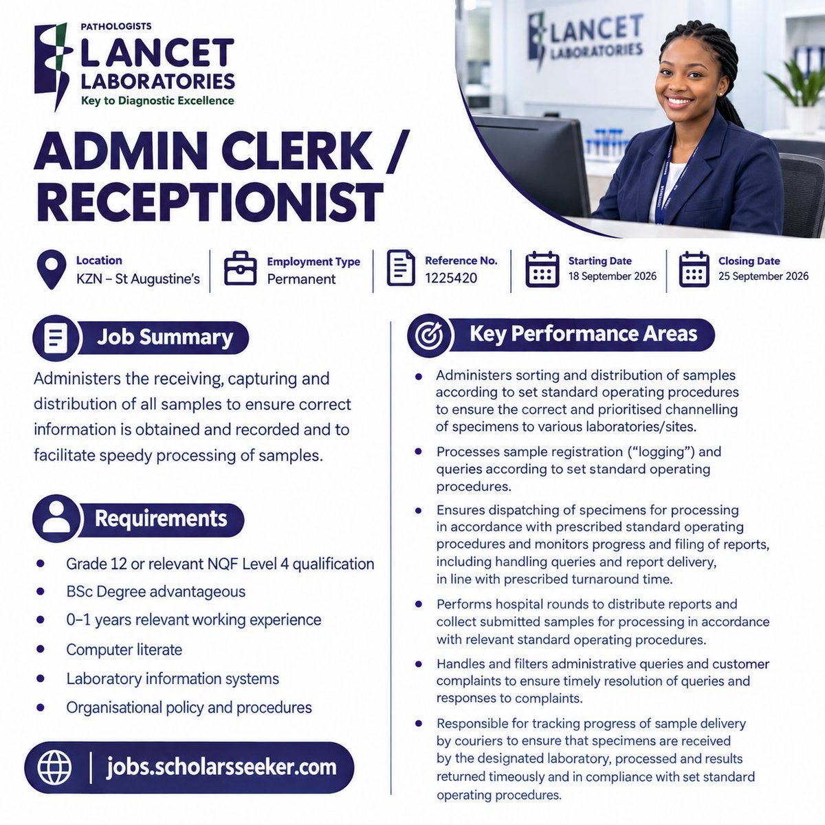 CarolBoitumelo1's tweet photo. 📌Admin Clerk/Receptionist

Lancet Laboratories 

Position is permanent 
Location: South Africa 

Requirements: 
Grade 12 
0 - 1 year relevant experience 

Closing date: 25 September 2026 

Link to Apply: https://t.co/xtzG9h6iuZ https://t.co/PjTWkPtw2W