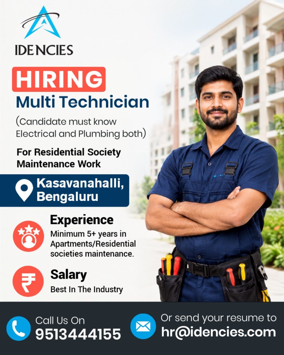 idencies05's tweet photo. Are you skilled in both Electrical &amp; Plumbing work? Join the IDENCIES FACILITIES PVT LTD team!! 

If you have the right experience and skills, we’d love to hear from you!

Call: 9513444155
Email: hr@idencies.com 

Apply Now &amp; Build Your Career with IDENCIES! https://t.co/F4X3uqRWhh