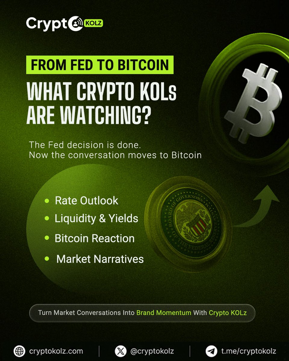 cryptokolz's tweet photo. FROM FED TO BITCOIN: WHAT ARE CRYPTO KOLs WATCHING?

ㆍRate Outlook
ㆍLiquidity &amp; Yields
ㆍBitcoin Reaction
ㆍMarket Narratives

🌐https://t.co/TkBYZwA1ab

Turn Market Conversations Into Brand Momentum with Crypto KOLz.

#CryptoKOL #CryptoKOLz #Bitcoin #BTC #Fed #KOLz @Bitcoin https://t.co/vMH5yKNy2E