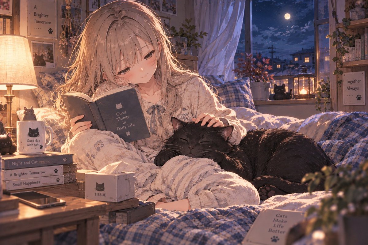SundaySasqcpl's tweet photo. 今日も一日おつかれさまでした🌙
夜はモカと、のんびり読書タイム📖🐈‍⬛

あったかくて、静かで、幸せな時間。

……こうしてると普通の猫なんだけどなぁ🤭

おやすみなさい✨

#AIイラスト #AIart https://t.co/n4pRyaP8nb