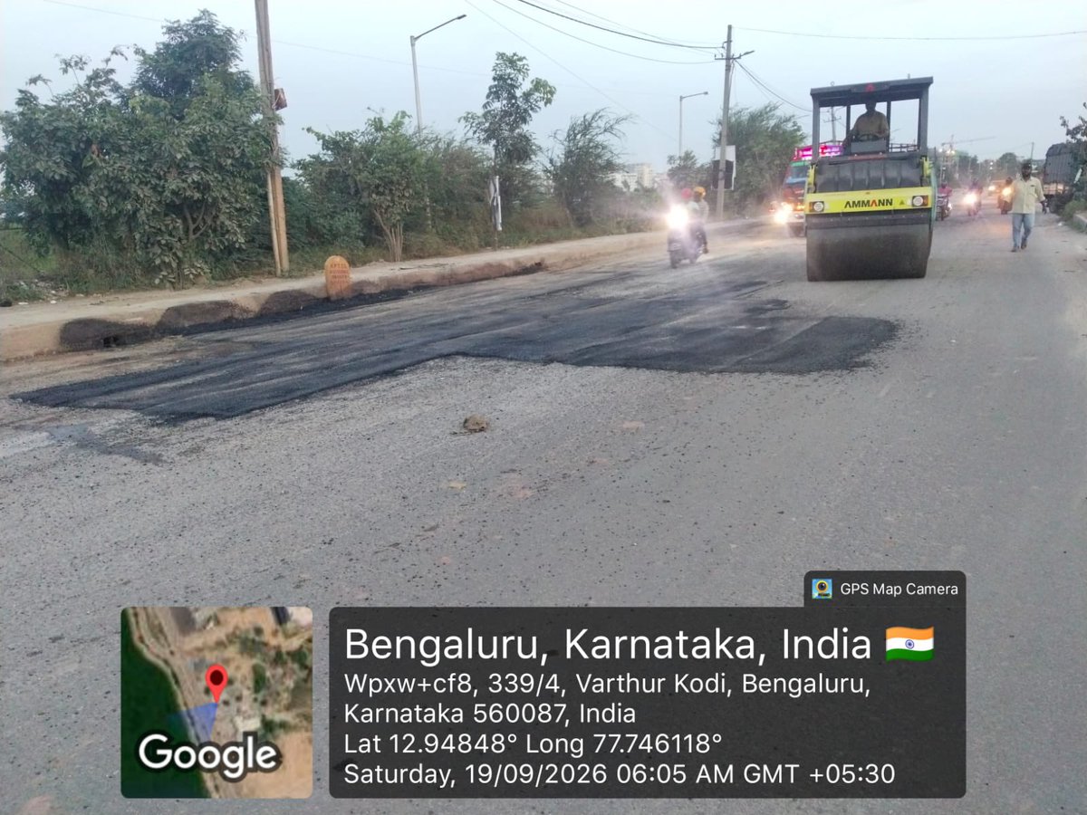 TOIBengaluru's tweet photo. Again, Varthur Road gets a quick fix! 

After The Times of India highlighted how school students took nearly 2.5 hours to cover just 4 km on #Varthur-#Gunjur Road amid crawling traffic, #Bengaluru East City Corporation took up pothole-filling work in the early hours of Saturday.

A temporary fix, but enough to get traffic moving. 

Residents thank @toibengaluru reporter Hamsaveni N for highlighting their plight.