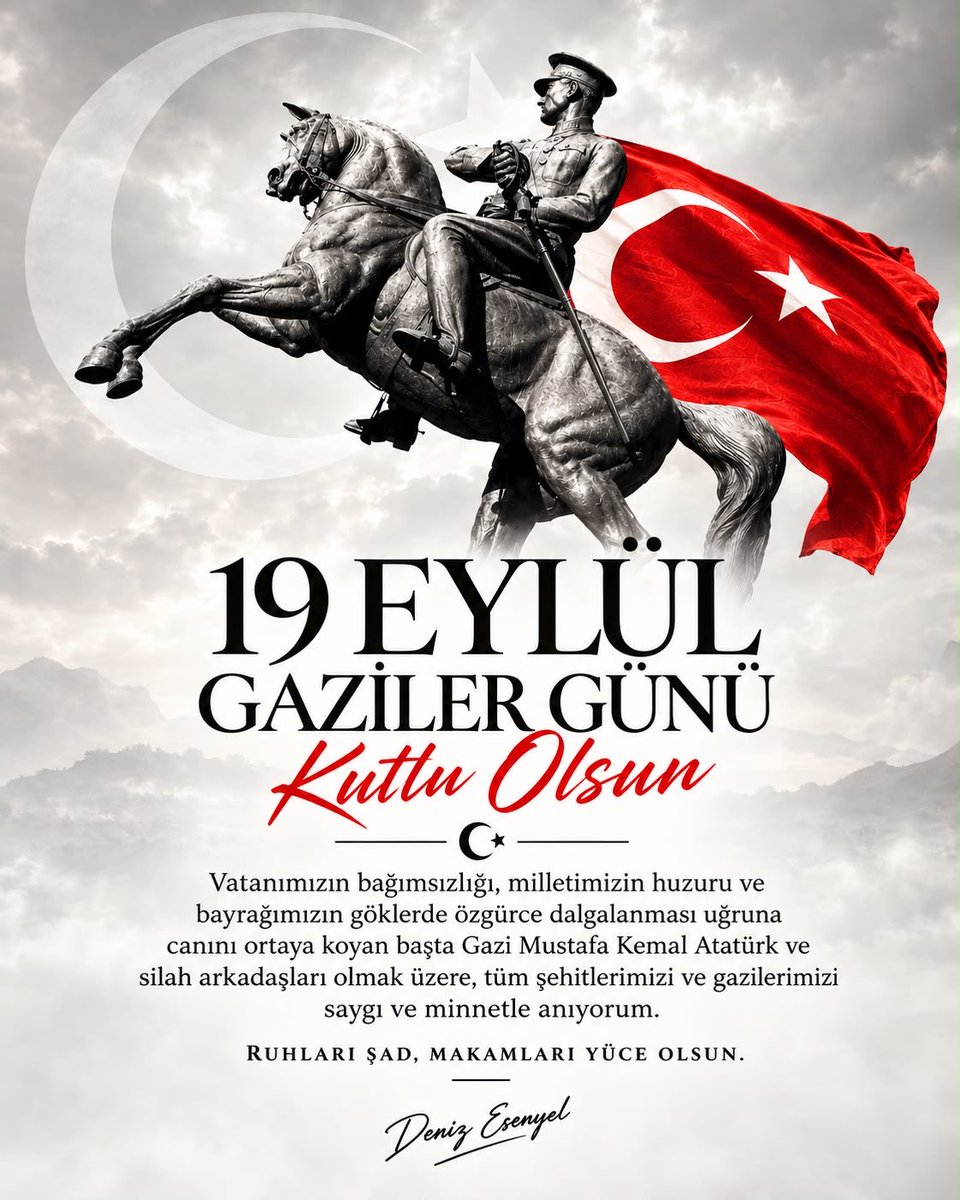 deniz_esenyel's tweet photo. Vatanımızın bağımsızlığı, milletimizin huzuru ve bayrağımızın göklerde özgürce dalgalanması uğruna canını ortaya koyan başta Gazi Mustafa Kemal Atatürk ve silah arkadaşları olmak üzere, tüm şehitlerimizi rahmet, gazilerimizi sonsuz saygı ve minnetle anıyorum.

Onların fedakârlığı, bu topraklarda yaşayan her neslin en büyük emanetidir. 🇹🇷

19 Eylül Gaziler Günü kutlu olsun.
Ruhları şad, makamları yüce olsun. 🇹🇷

#GazilerGünü #Devlet #Atatürk #Gazi #Minnet
