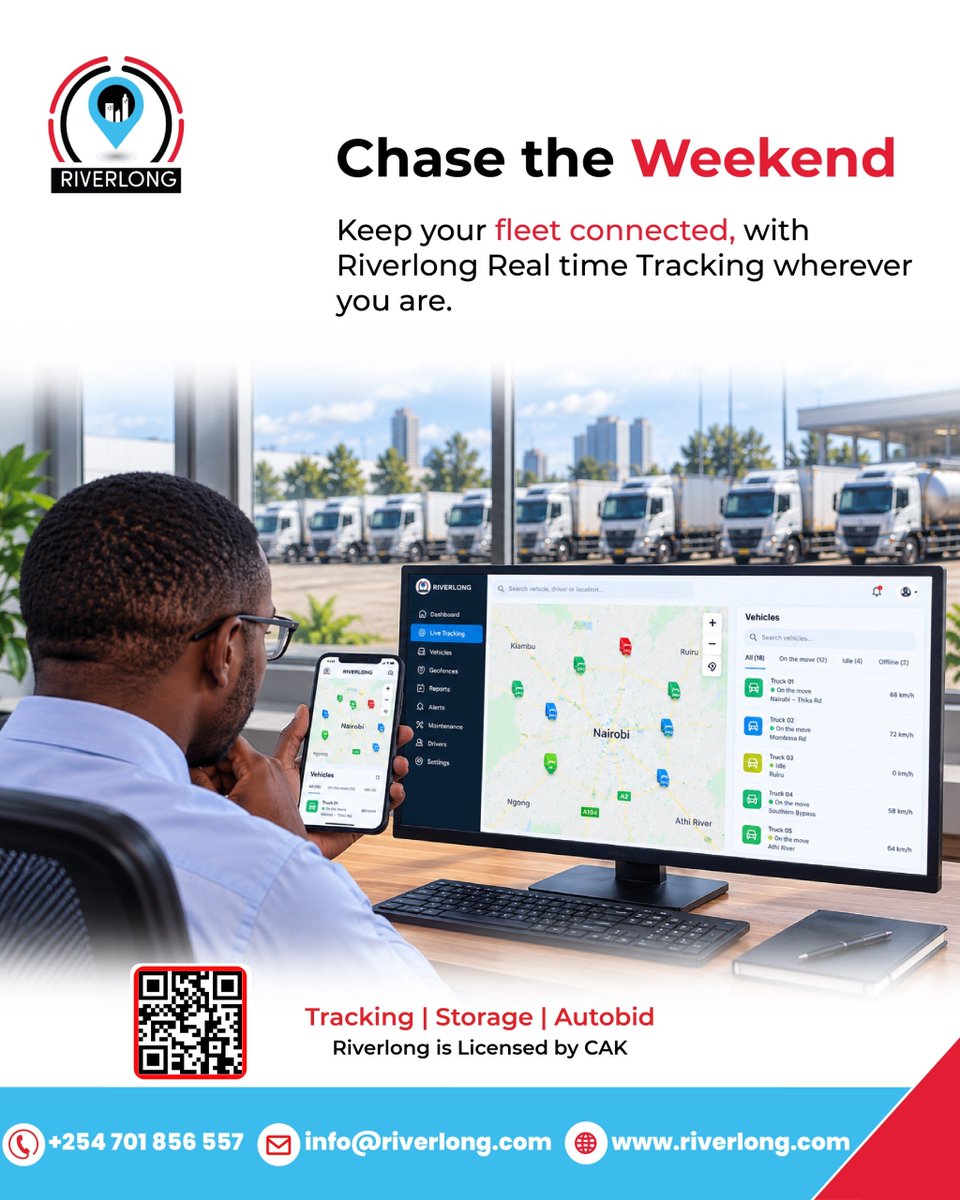 RiverlongLtd's tweet photo. Chase the Weekend.
Keep your fleet connected with Riverlong real time tracking wherever you are.
Call/WhatsApp: +254 701 856 557
info@riverlong.com
https://t.co/h1DnqjAiuz
#FleetTracking #RealTimeTracking #GPSTracking #VehicleTracking #KenyaFleets https://t.co/zYVWbpF0zL