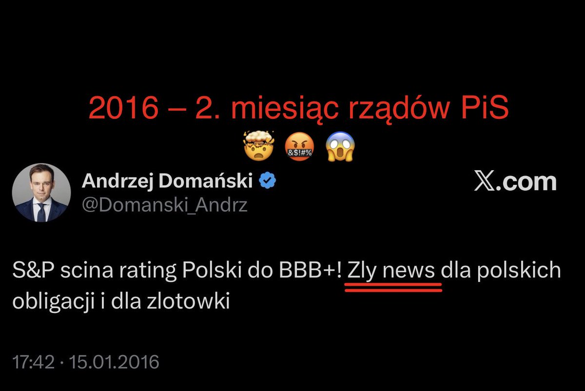 paweljablonski_'s tweet photo. W 2016 r. – 2 miesiące po przejęciu rządów przez PiS – rating Polski też został obniżony. 

@Domanski_Andrz alarmował wtedy, że spadnie wartość obligacji i złotówki.

W 2018, po naprawie finansów publicznych przez @MorawieckiM rating wrócił na poprzedni poziom.

Dziś znowu spadł – po 3 latach rządów FACHOWCÓW od D.Tuska.

Domański mówi, że… w sumie spoko.

A deficyt w tym roku znów rekordowy.
Tak, to musi się udać.