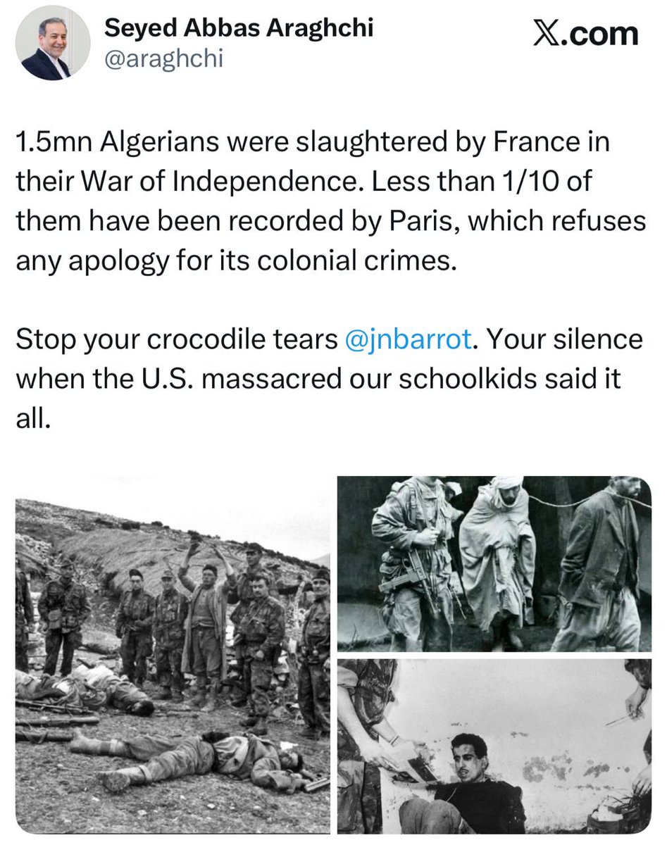 ME_Observer_'s tweet photo. ⚡️⭕️ Iran's Foreign Minister Abbas Araqchi responds to French counterpart: "Enough crocodile tears, Mr. Barrot." Araqchi cites 1.5 million Algerians killed by France during the Algerian War of Independence, with Paris officially recording less than one-tenth and refusing to apologize for colonial crimes. (IRIB News)