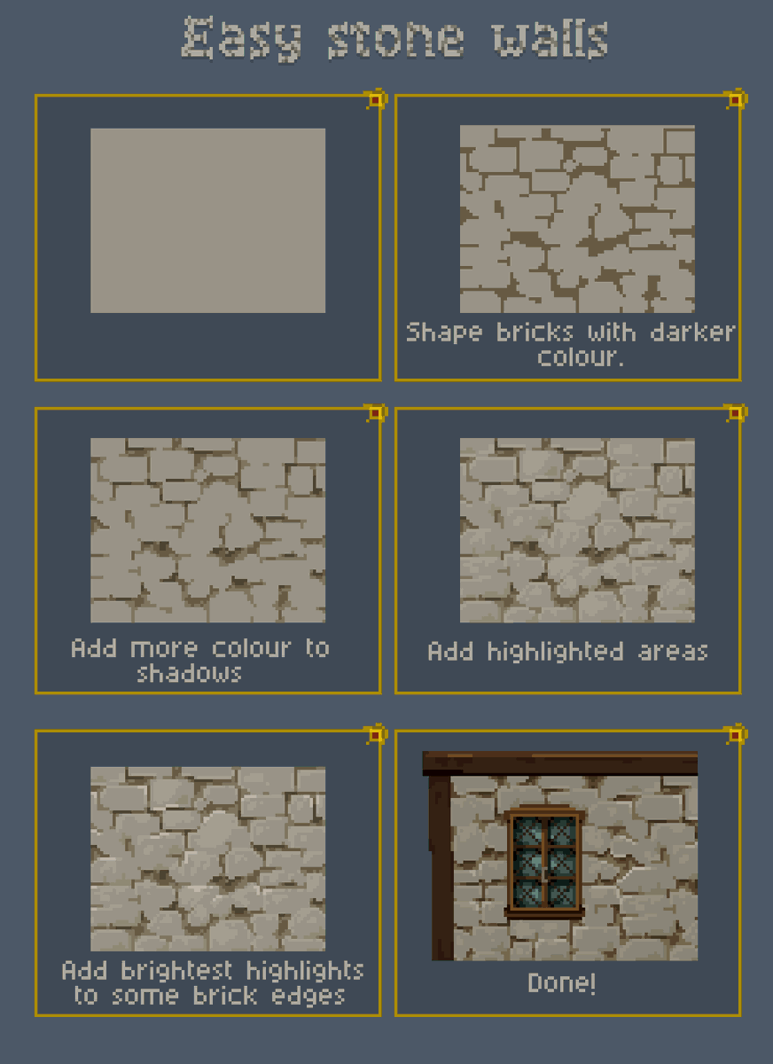 nostalgicrealms's tweet photo. Doing pixel art primarily for a game I'm finding I need to find ways to do things that look complicated as easily as possible.

I have been playing around with ways to do stone walls over the past few months and this is now how my process usually is.  

I hope it's useful for someone.