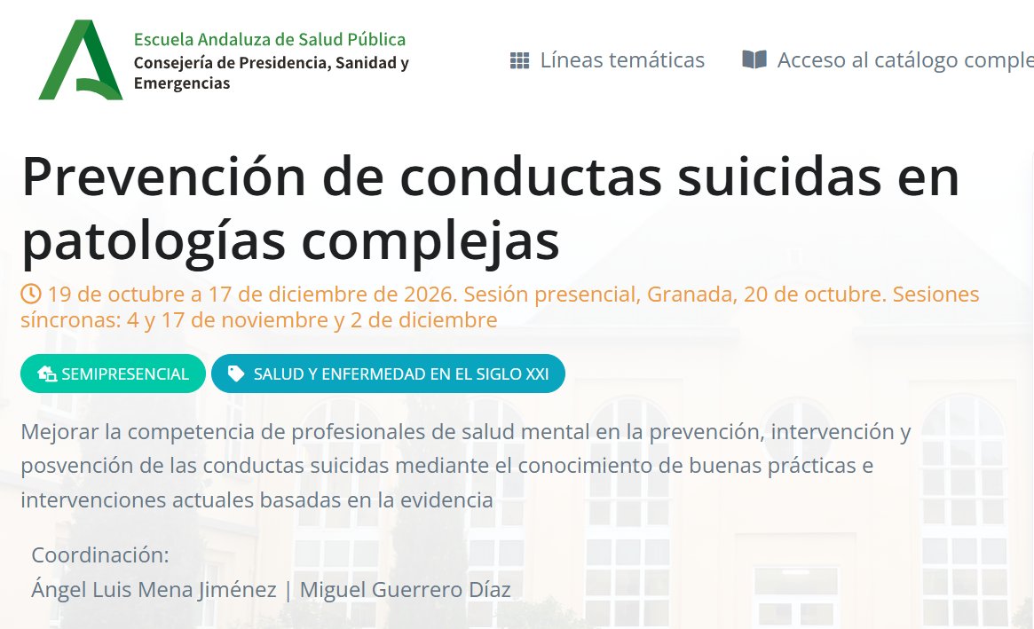 them3ntalhub's tweet photo. 🎓Curso Prevención de conductas suicidas en patologías complejas @EASPsalud
Fechas: 19 de octubre a 17 de diciembre de 2026
Límite inscripción: 20 septiembre 2026
https://t.co/w3yYwMAAGN https://t.co/eZk64ERFOD