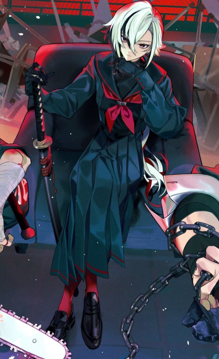 ClayQuail's tweet photo. I'm seeing some people upset about Arle's clothes here, but it's a pretty clear reference to the Sukeban, Japanese all-girl gangs. The "dangerous boss" role fits Arle for a school delinquent AU. That unusually long uniform skirt and the bright socks are Sukeban visual identifiers https://t.co/npRkItOcej