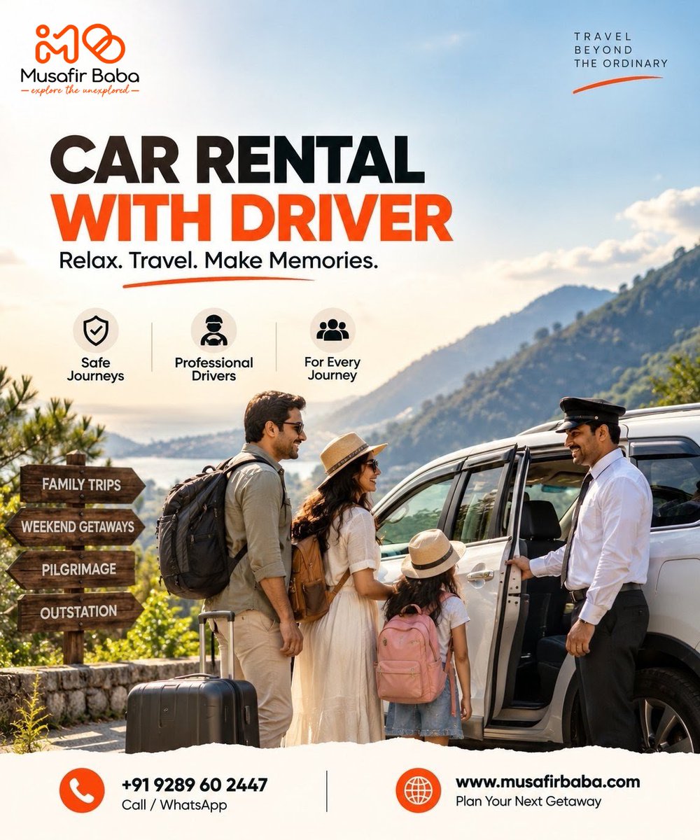 itsmusafirbaba's tweet photo. π Travel comfortably. Travel together.
Make every journey easier with a comfortable car and professional driverβperfect for family trips, weekend getaways and outstation travel.
π +91 9289602447
π https://t.co/WkDB4xca2E
#MusafirBaba #CarRentalWithDriver #FamilyTravel https://t.co/br9D3x6uux