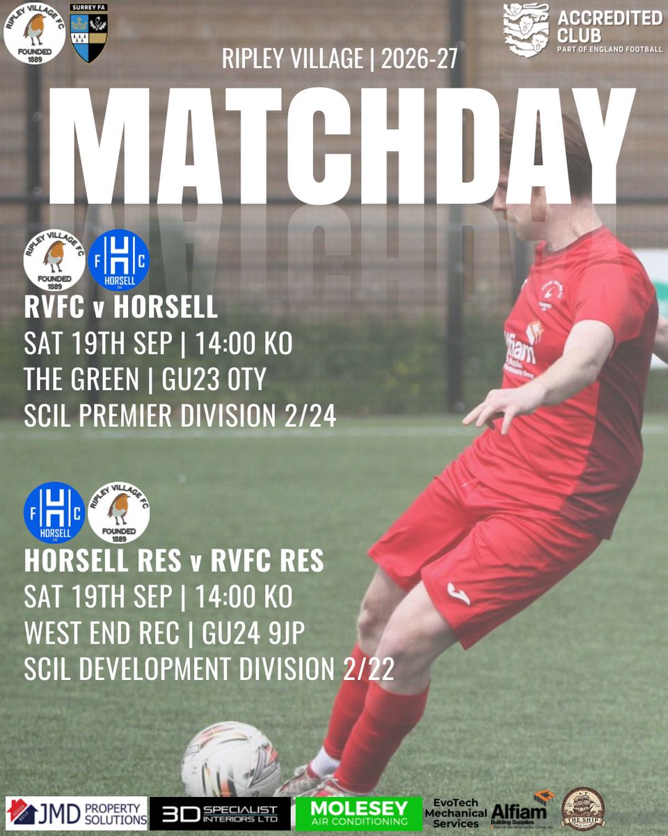 RipleyVillageFC's tweet photo. MATCHDAY DOUBLE-HEADER⏳️
Both sides are in action this afternoon versus Horsell. Note the two late changes of venues. Firsts hosting at Surrey Sports Park and Reserves head to Royal Holloway Sports Centre.
Both fixtures are a 14:00 KO - All support welcome!
#RVFC https://t.co/Pj74VfGIMm