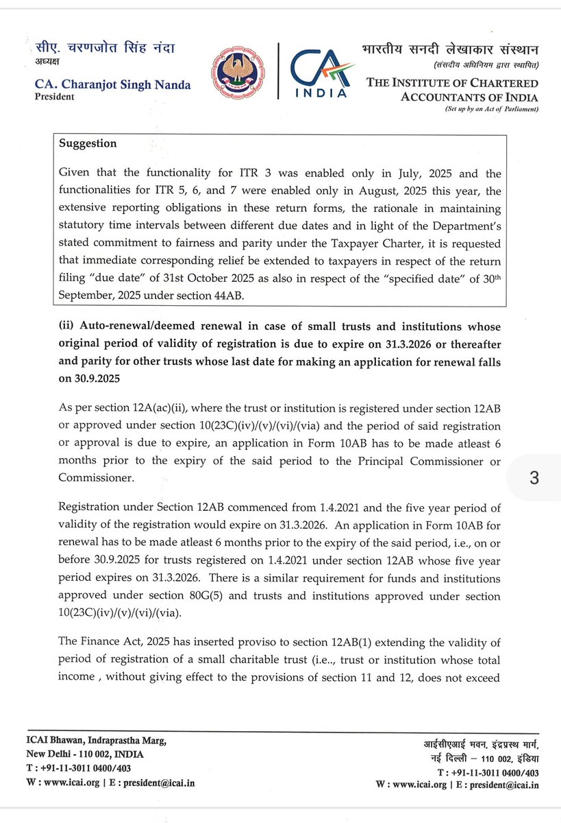 abhishekrajaram's tweet photo. Attaching a copy of the letter by then ICAI President Nanda Sir to the CBDT Chairman from the previous year in Sep-2025.

Please refer to page 2 of the letter, which explains that the law requires a "two-month" gap between the ITR filing date for Non-Corporate and the Tax Audit Report date. ICAI therefore requested an extension, which was later granted, and the date was extended.

This year, a new date of 31-Aug was introduced; therefore, the mandatory gap of two months has been reduced to one month. This was never the expectation of the change. The result is that many members are feeling overburdened and under pressure.

If last year's view of ICAI is correct, then this year also ICAI should come forward and request an extension.

Based on the calls and messages received, I feel the common member is under pressure and is avoiding writing anything publicly, though vocal in person.

ICAI and the Council should open a dialogue and listen to members. After hearing members’ views, they should make the final decision.

रही बात मेरी, अगर मेरे एक भी member को stress feel हो रहा है और extension की ज़रूरत है, तो मैं अपने member के साथ खड़ा हूँ !! हालाँकि मुझे अपने लिए कोई extension नहीं चाहिए, क्योंकि मैं Income Tax और Compliance practice में नहीं हूं। पर अगर कोई member लड़ रहा है , तो मुझे अपने साथ ही समझे !!

 और ये आखरी शायरी उनके लिए जो इस लड़ाई को कमज़ोर करने की कोशिश में लगे हुए हैं :

"तुम्हारी सोच के सांचे में ढल नहीं सकता,
ज़बान काट लो, लहजा बदल नहीं सकता।
मुझे भी मोम का पुतला समझ रहे हो क्या,
तुम्हारी लौ से ये लोहा पिघल नहीं सकता!"
~ महशर आफ़रीदी